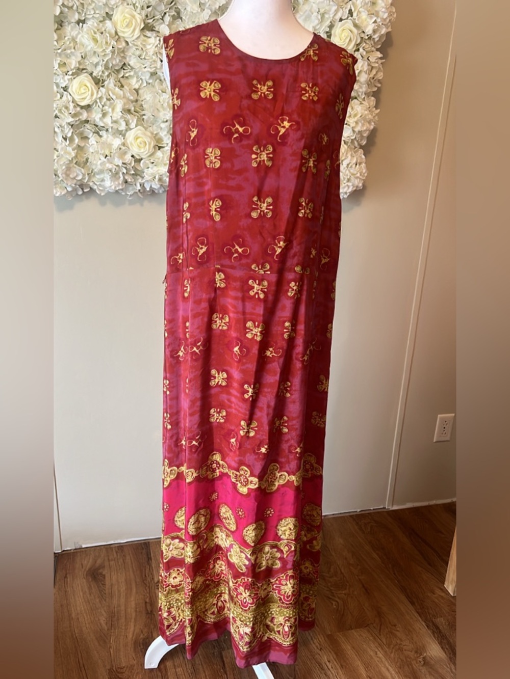 Amanda Smith 100% Silk Red Maxi Dress with Gold Floral Accents